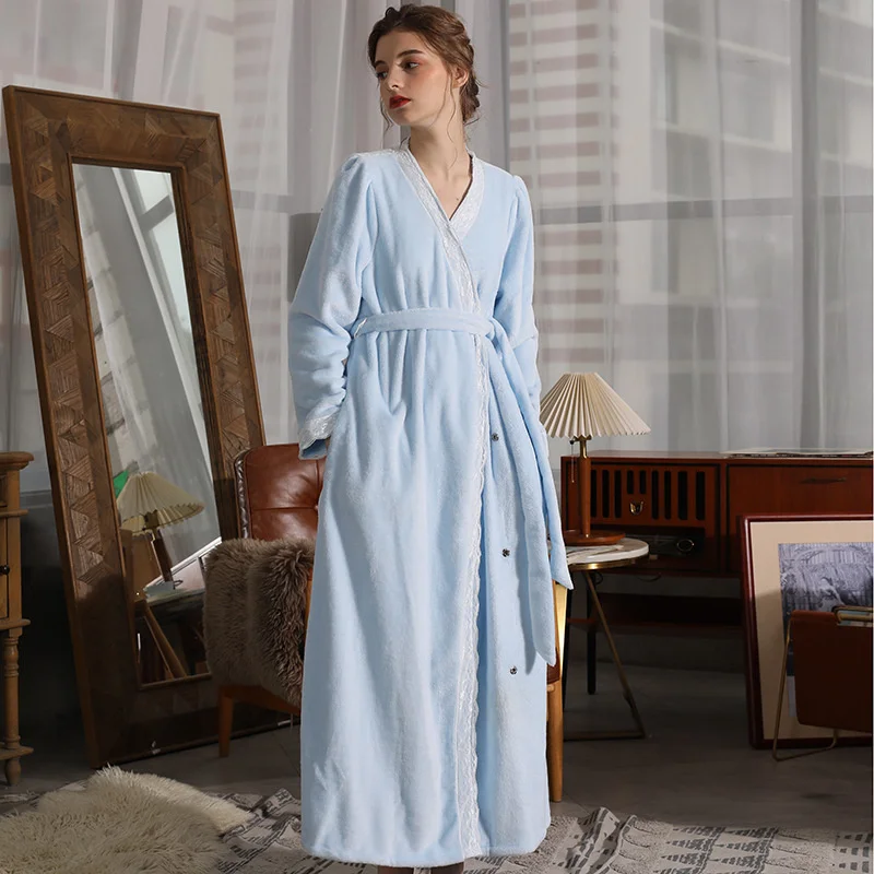 Fleece Nightdress Women Lace Long Sleeve Elegant Nightgown Sleepwear Thicken Flannel Vintage New Warm Thermal Home Dressing Gown