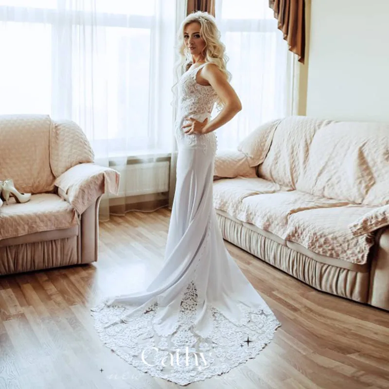 

Cathy Boho Lace Embroidery Wedding Dress 2023 Mermaid Bride Gown Grace Tulle Sweep Train Wedding Dress Sexy Vestidos De Novia