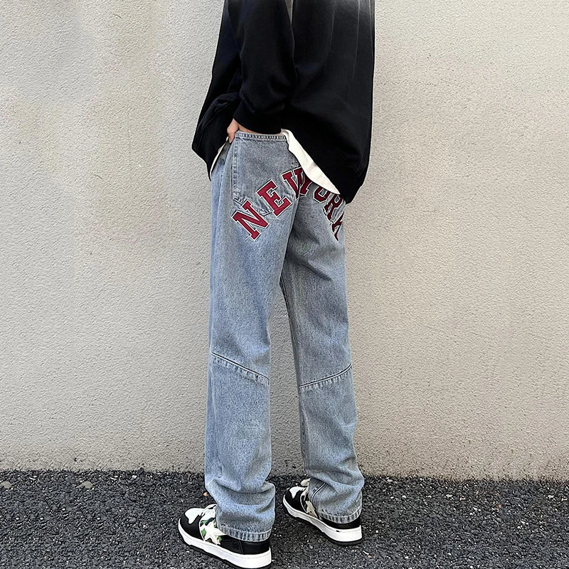 Four Seasons European and American Retro High Street Jeans Men Loose Straight Trousers Fashion Streetwear Ins Hot Selling Denim