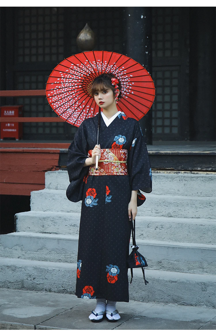 Traditional Japanese Kimono Women Black Dress Vintage Yukata Spring
