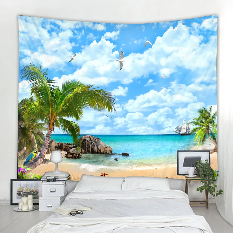 

Boho Art Deco Blanket Bedroom Living Room Curtain Seaside Coconut Tree Landscape Decor Tapestry