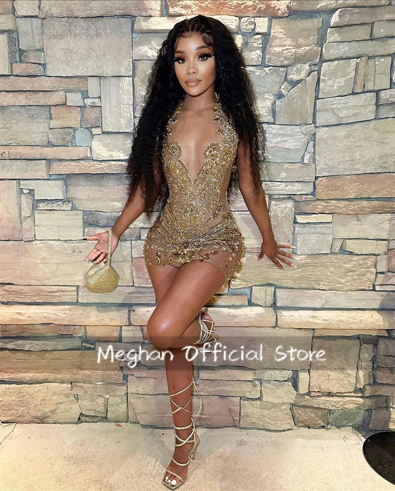 Короткие платья для выпускного вечера с золотой лямкой на шее черных девочек