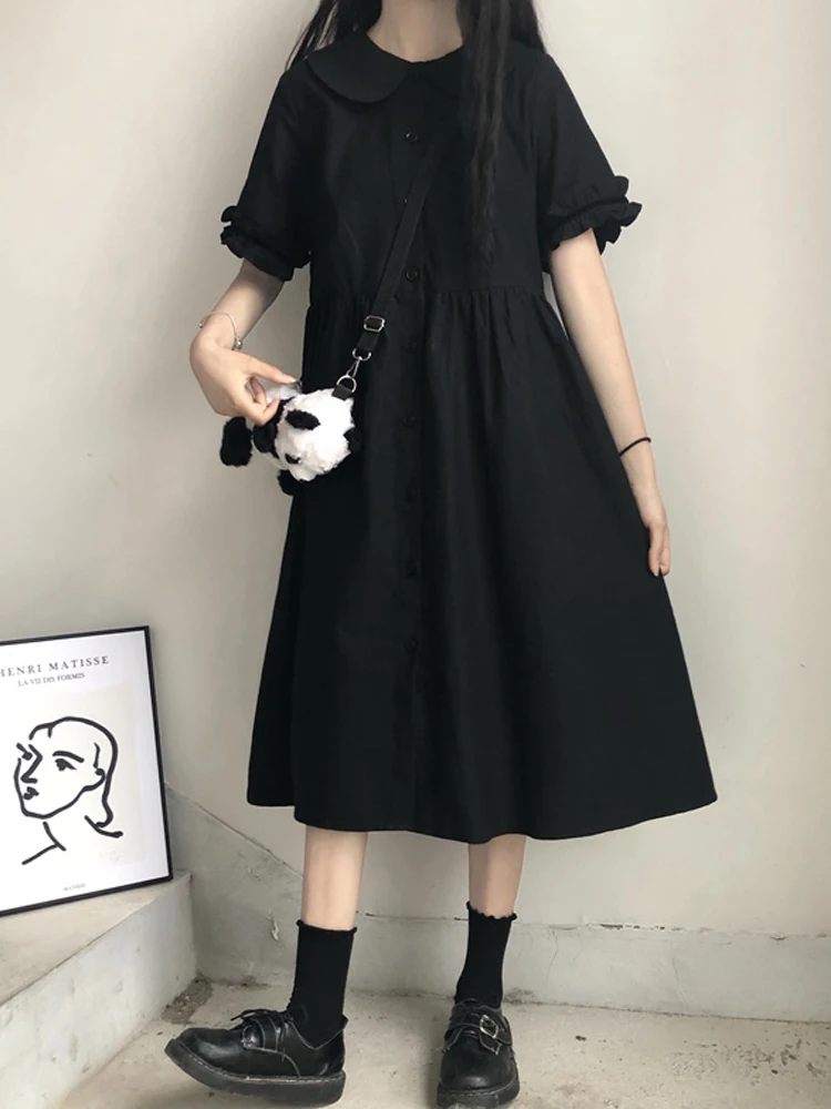 KIMOKOKM Preppy Style Kawaii Black Dress Peter Pan Collar Ruffle Short Sleeve Sweet Japanese Loose Lovely Vintage Mid-Calf Dress