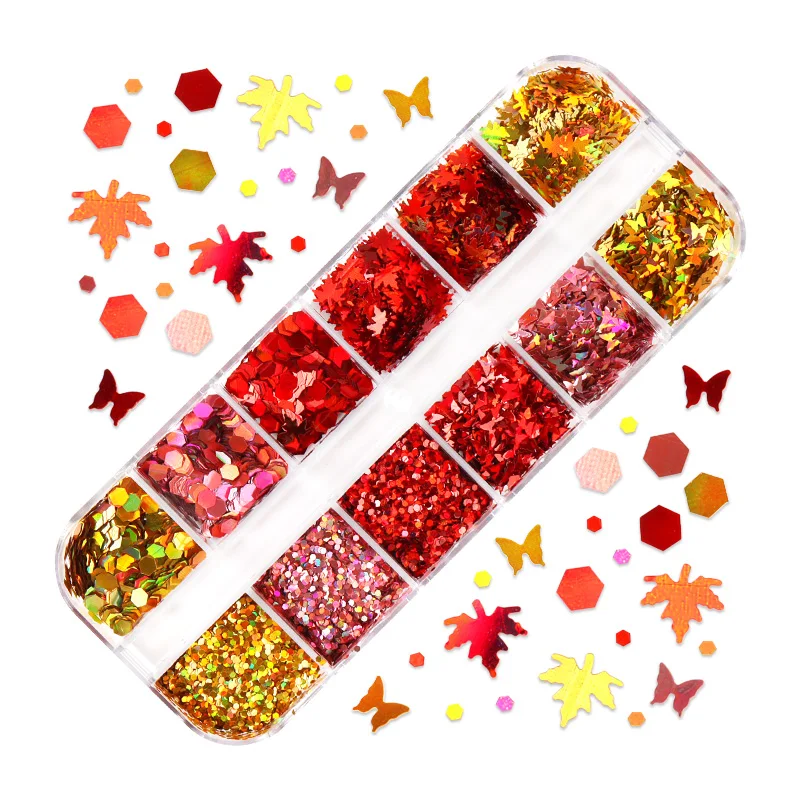 

Золотистый, красный, кленовый лист, блестки для ногтей, блестящие, голографические, шестиугольные, блестящие, DIY украшения для УФ-геля, аксес...