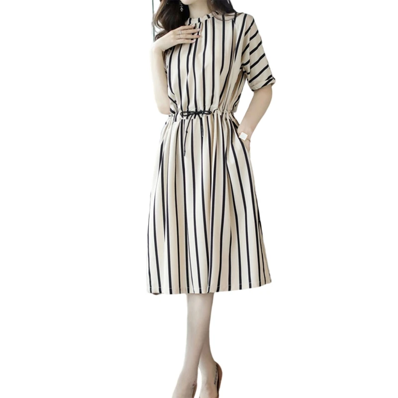 

Summer Casual Striped O-neck Short-sleeved Dress Vertical Striped Dresses Casual Elegant Slim Dress for Women Girls