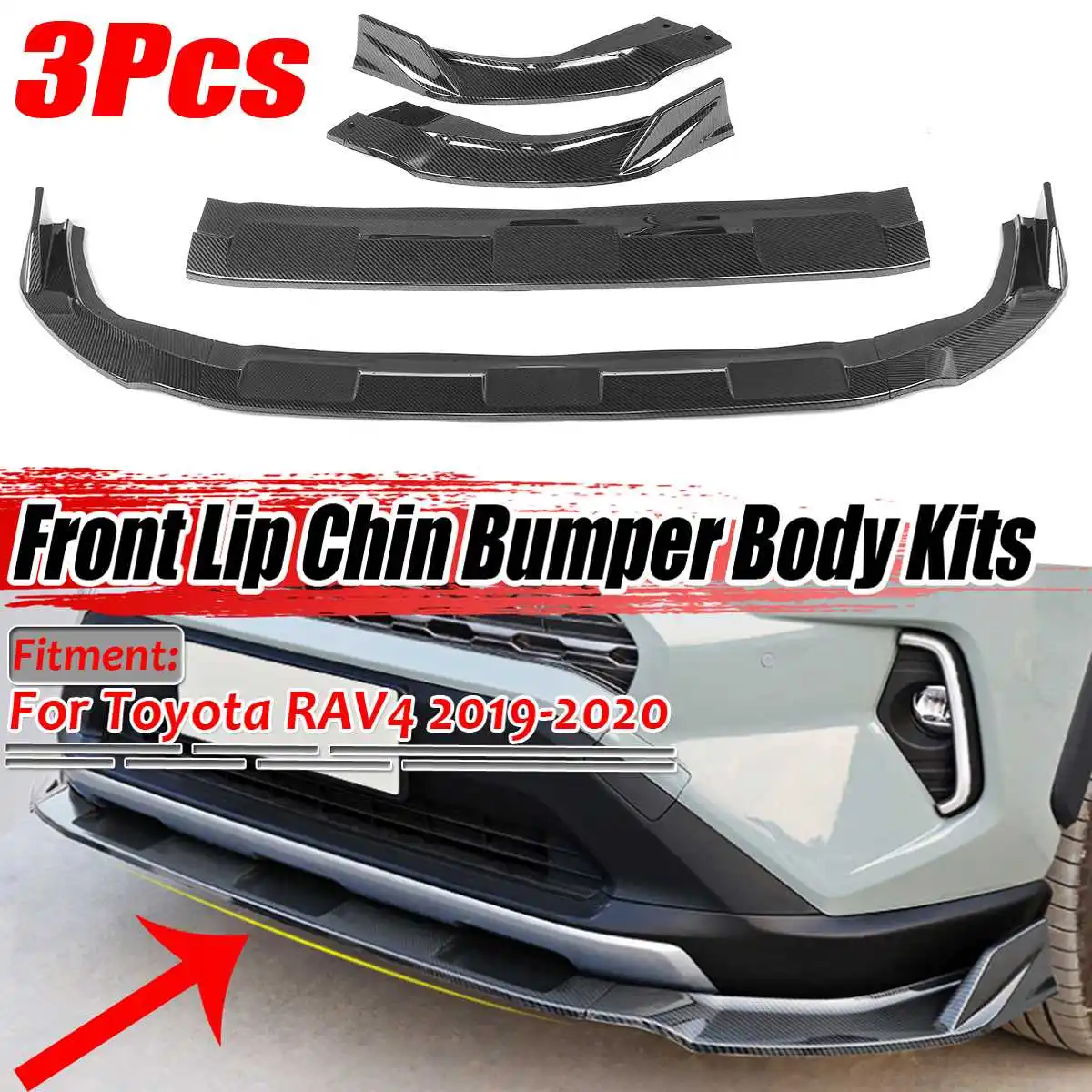 

New 3pcs Car Front Bumper Splitter Lip Chin Body Kit Bumper Diffuser Spoiler Protector Deflector Lips For Toyota RAV4 2019-2020