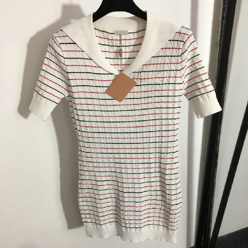 

2022 classic navy collar embroidered letters on the chest women's dress temperament slim fit stripe knitted short sleeved dress