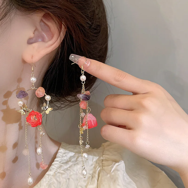 

Asymmetrical Earring Pearl Butterfly Crystal Tulip Long Tassel Dangle Earring Cute Silver Needle Charm Animal Jewelry for Women