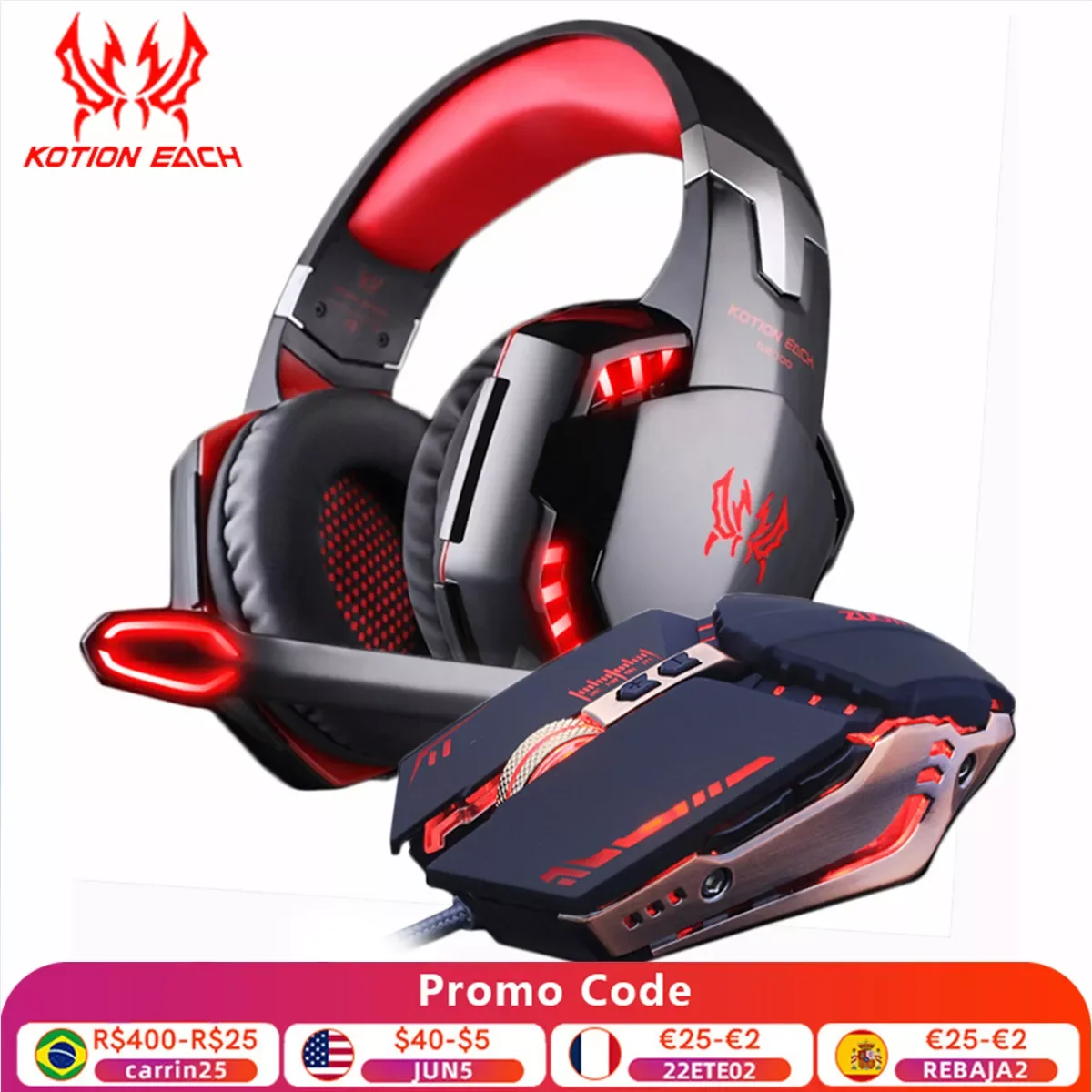 

Gaming Headset and Gaming Mouse 4000 DPI Adjustable Stereo Gamer Earphone Headphones + Gamer Mice LED Light Optical USB Wired