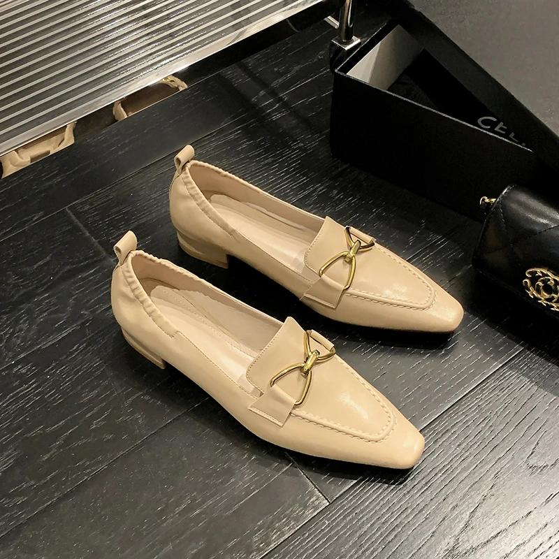 34-40 large size yellow women's shoes with metal buckle bow sheepskin square head low heel thick heel shoes women