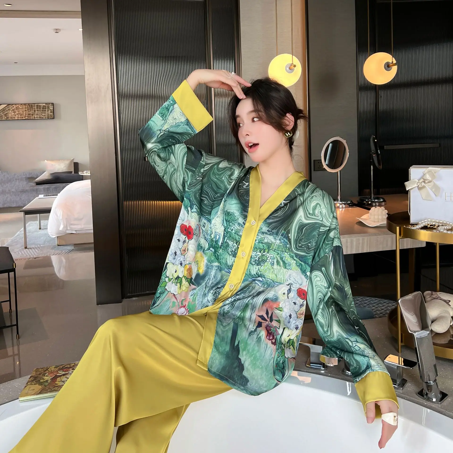 FALLINLAOE Ice Silk Pajamas Women's Spring And Autumn Long Sleeved Cardigan High Quality Printing Suit Pyjamas