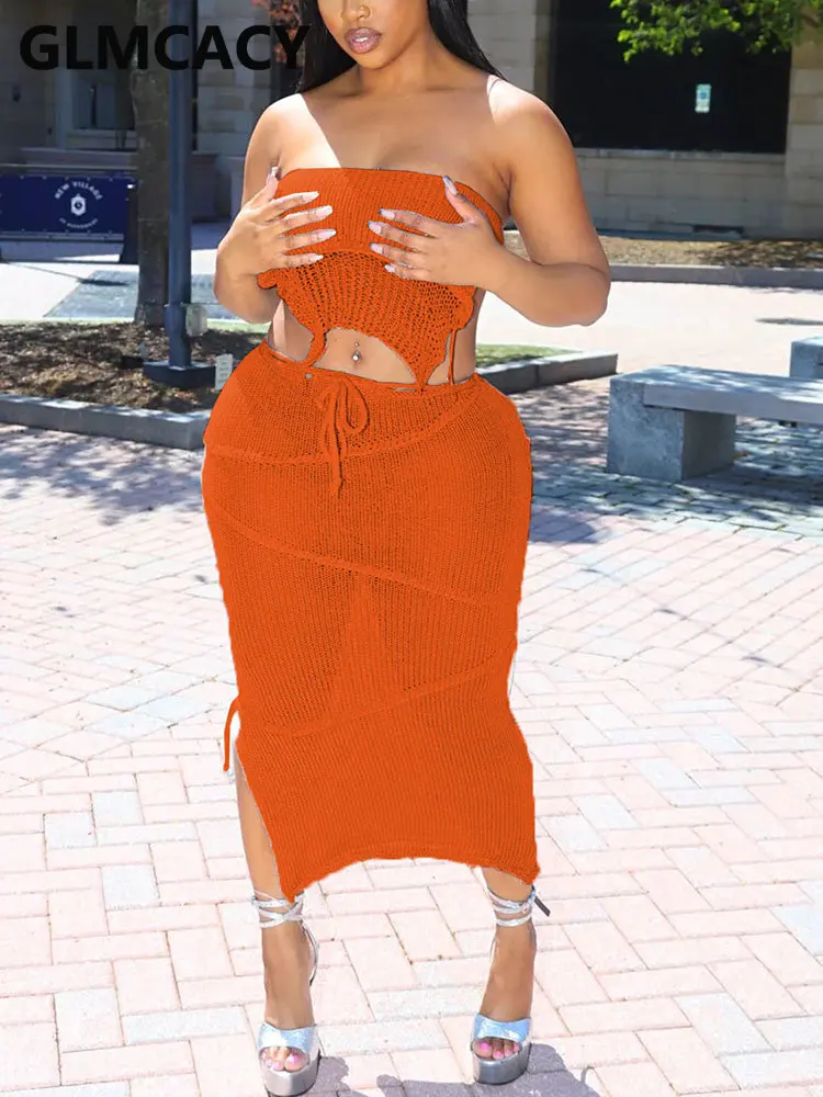 

Женские трикотажные костюмы из 2 предметов, прозрачный топ-труба и длинная юбка