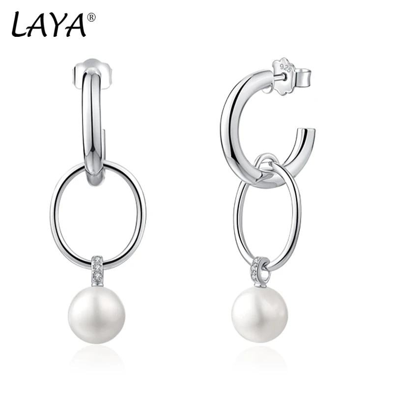 

LAYA Earrings For Women Natural Pearl Two Circles Creativity Original Modern 100% 925 Sterling Silver Long Drop Fine Jewelry