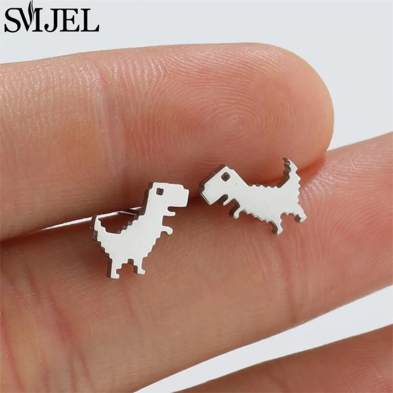 SMJEL Cute Tyrannosaurus Stainless Steel Stud Earrings for Men Women Punk Small Dinosaur Animal Earings Accessories Unique Gifts