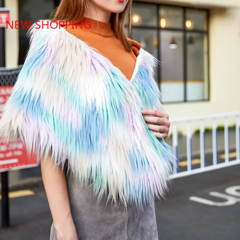 2021 Women's Winter Jacket Faux Fur High Quality Fashion Waistcoat Multicolor Hairy Natural Furry Women V-Neck Female Fur Tops