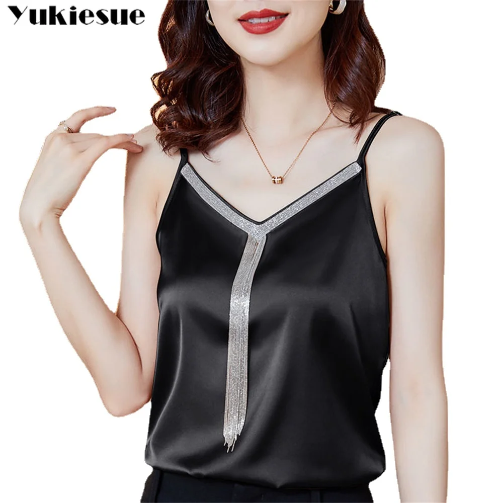 

Korean Fashion Silk Women Camis Streetwear Sexy Tops Tassel Satin Halter Top Female Tank Tops White/Spaghetti Strap Top
