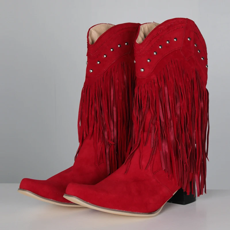 Women Tassel Cowgirl Boots Shoes 2022 New Fringe Middle Heels Western Boots Fashion Slip-on Wedge Pointed Toe Boots Female
