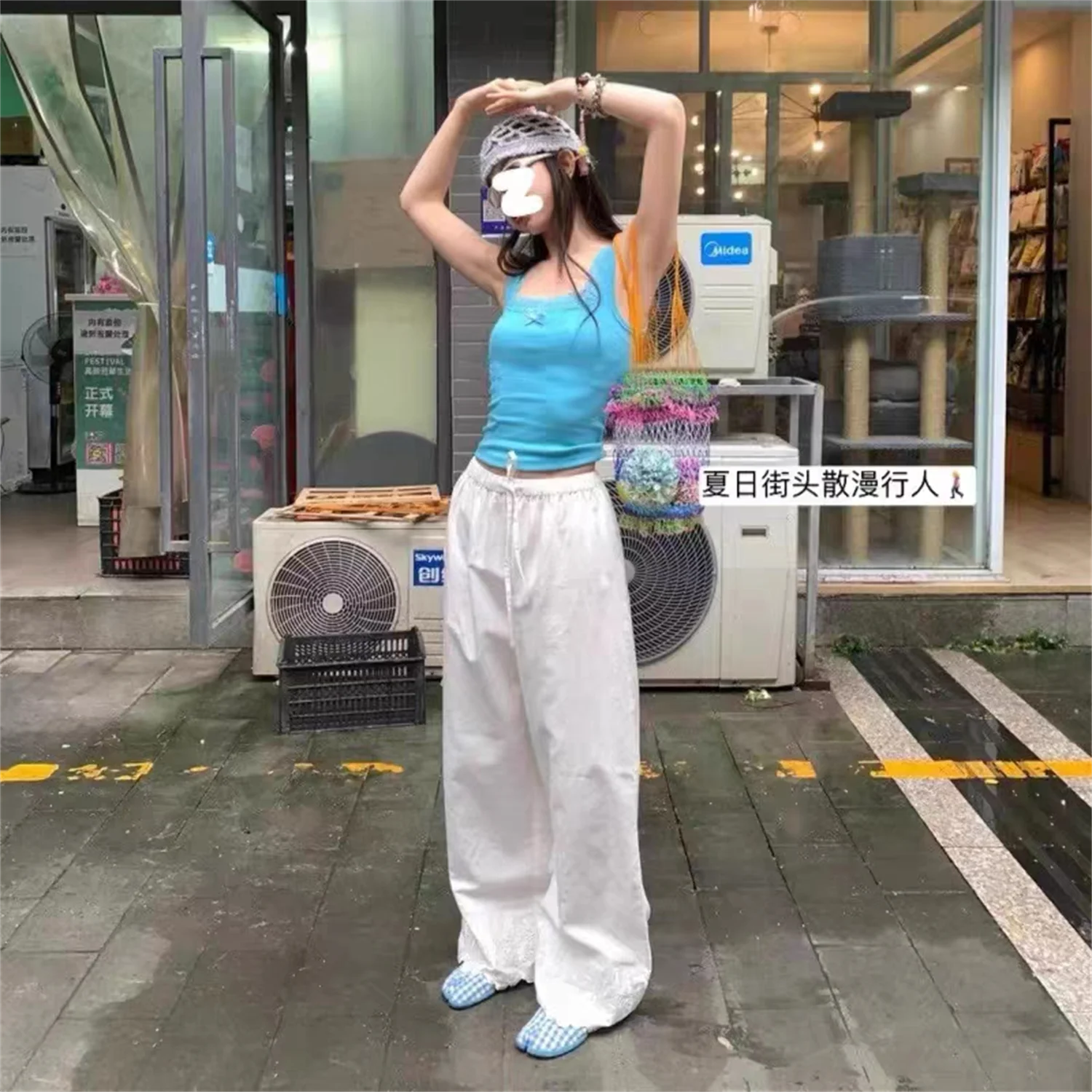 Tabi Split-toe Мэри Джейн Небесно-Голубой Галстук Хлопковые Балетки на плоской подошве