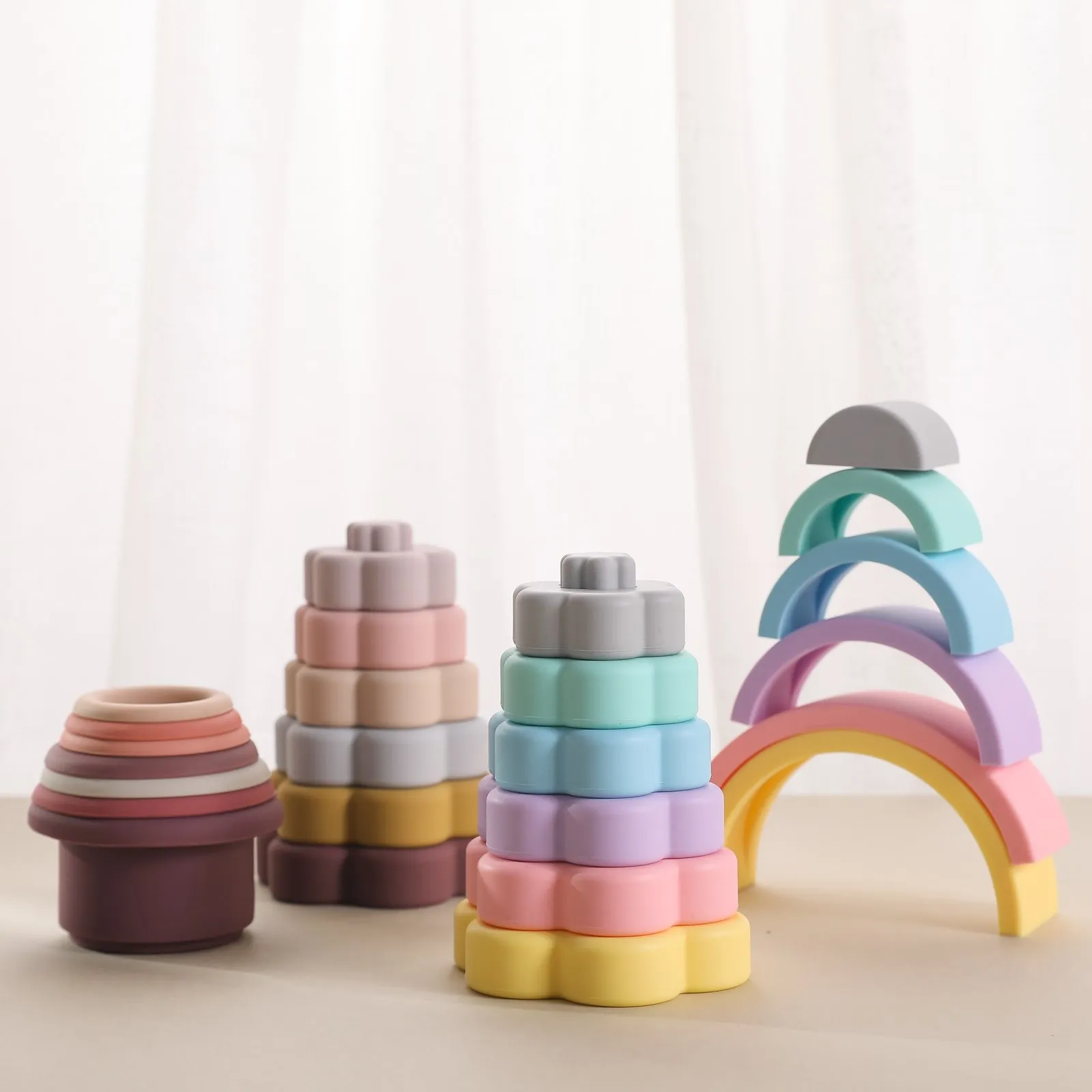 

1set Baby Silicone Building Block Rainbow Stacking Ring Tower Toy Stacking Cup Montessori Educational Toy Diy Creative Kids Gift