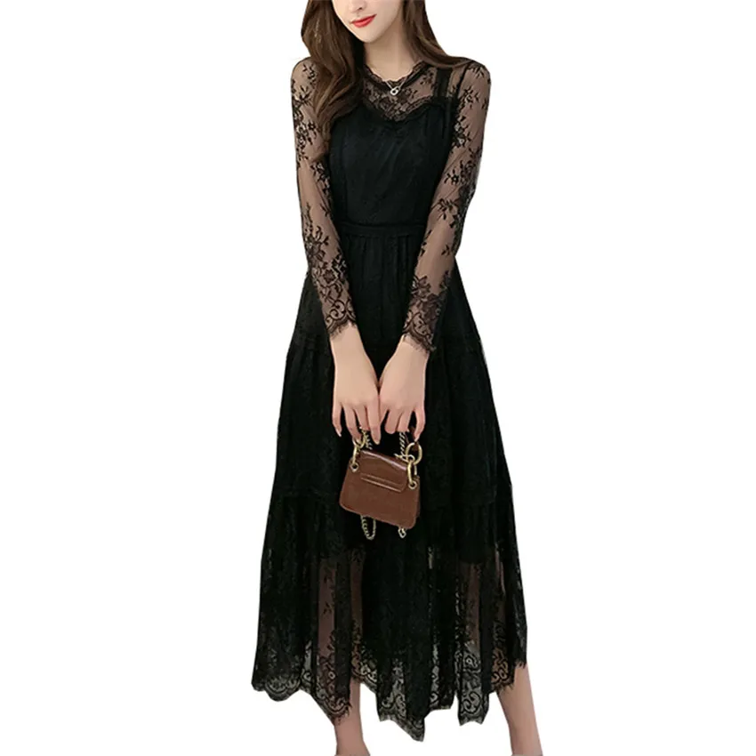 

Новинка 2022, тонкое женское кружевное платье с длинным рукавом, черное платье большого размера, элегантные женские длинные вечерние платья, ...