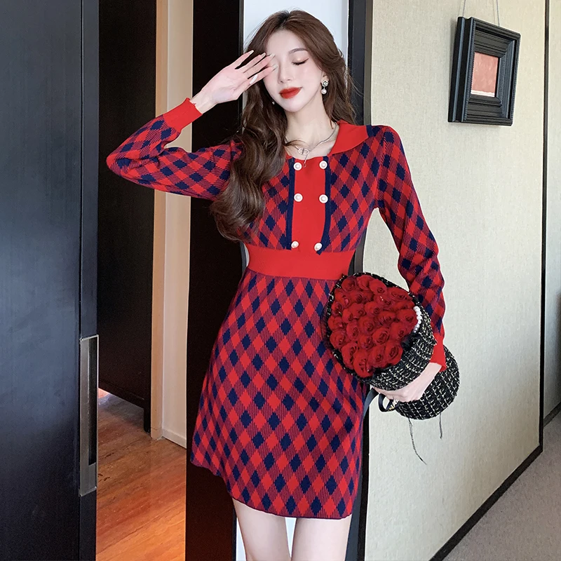 

Plaid Ladies Sweater Dress French Long Sleeve Mini 2022 Autumn Winter Retro High Quality Knitted Dresses