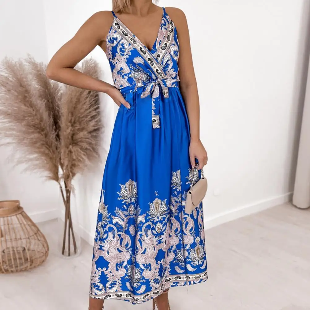 

2022 Banquet Long Dresses Stain Sleeveless Boho Flower Print Deep V Neck Maxi Dress Party Beach Print Maxi Dress Casual Sundress