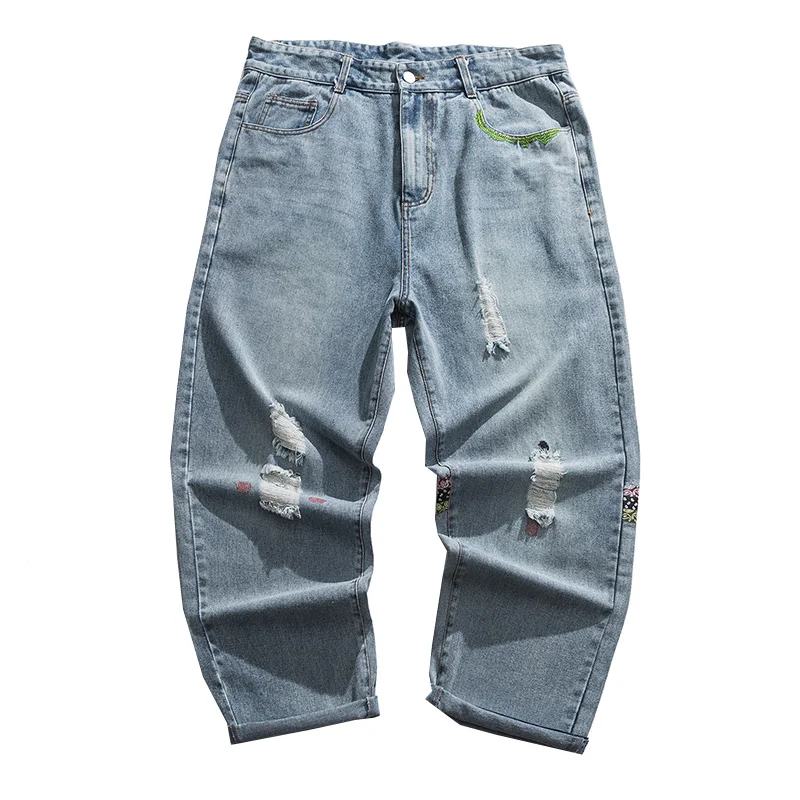 

22SS Japanese Streetwear Cashew Patchwork Embroidery Ripped Jeans Harajuku High Quality Denim Trousers American Cargo Pants Men