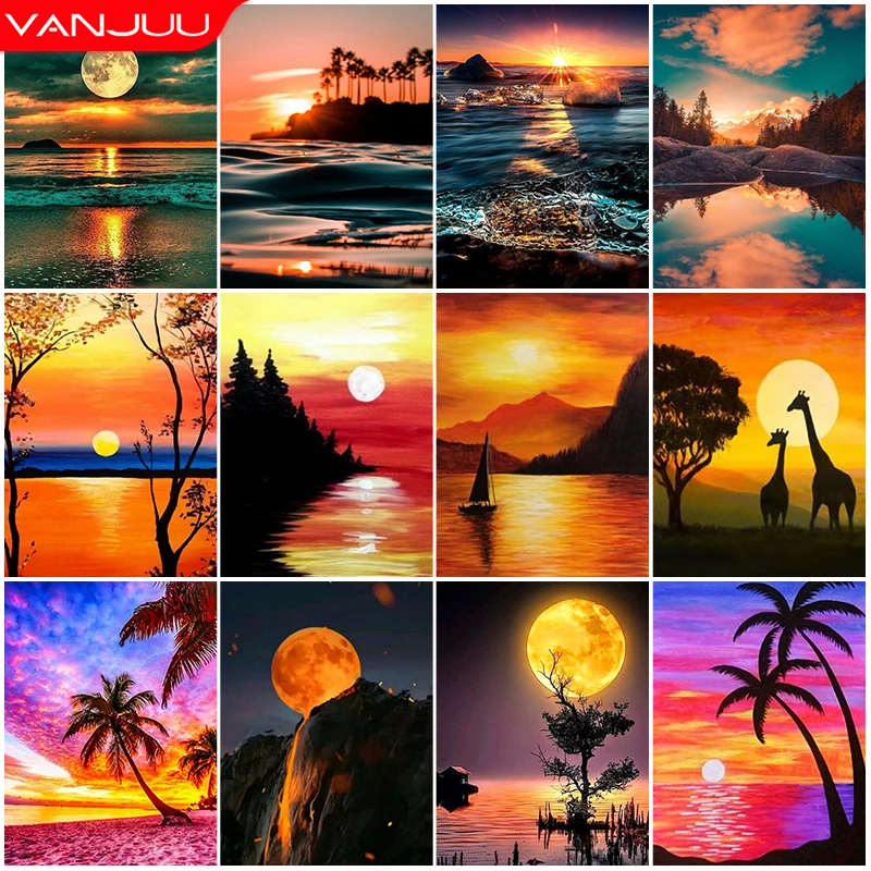 

DIY 5D Diamond Painting Landscape Sunset Beach River Mosaic Round Diamond Embroidery Home Decor Birthday Gift