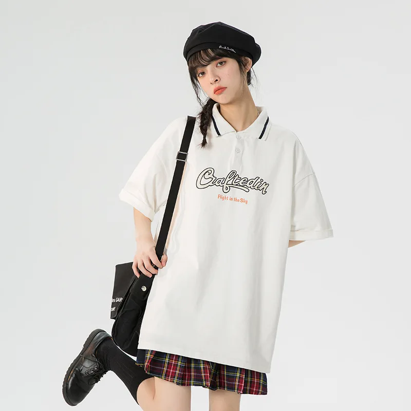 

Tide Brand American Printed Short-sleeved T-shirt Women's 2022 Summer New Korean Version Loose Casual Lapel Polo Shirt Top