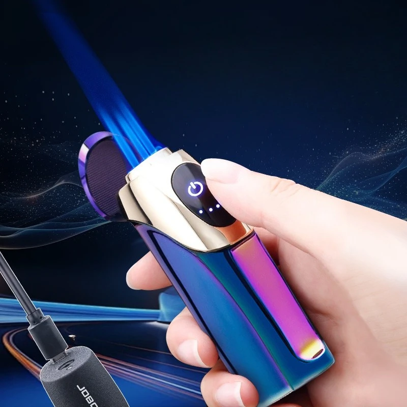 Фото Сенсорный выключатель с гальваническим покрытием, USB-зарядка, зажигалка с тремя струями пламени, синее пламя, металлическая газовая зажигалка, мужской деловой подарок №2