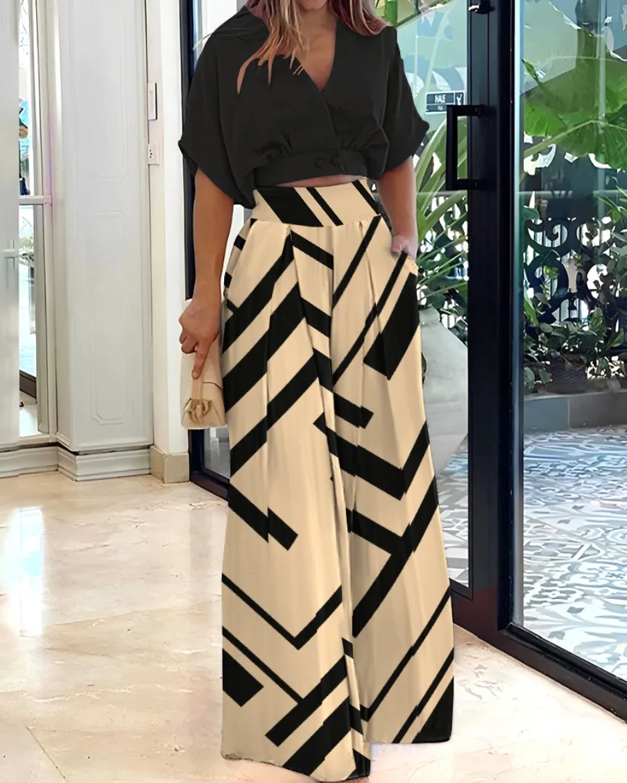 

Женский офисный комплект из двух предметов, Однотонная рубашка с V-образным вырезом и короткими рукавами и брюки с принтом, одежда для весны и осени, 2023