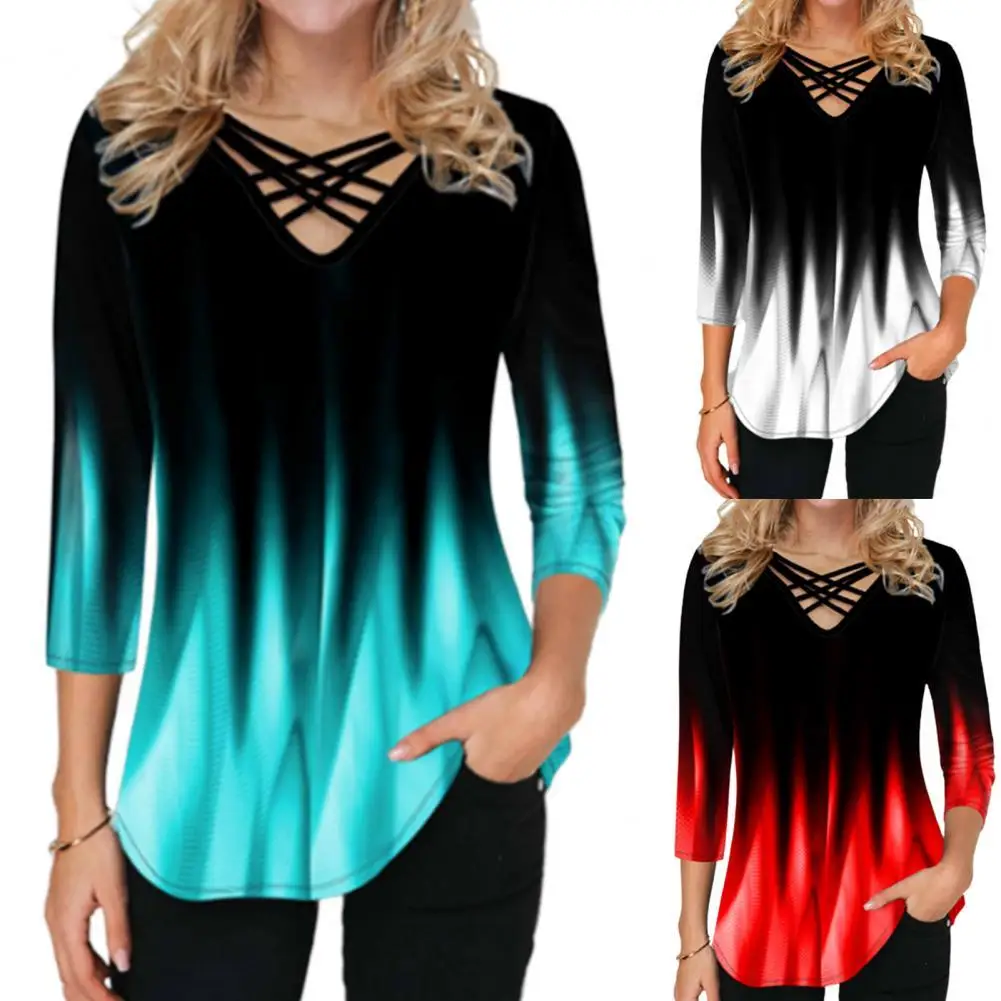 

Stylish T-shirt V Neck Mid-length Unfading V Neck Gradient Color Blouse T-shirt