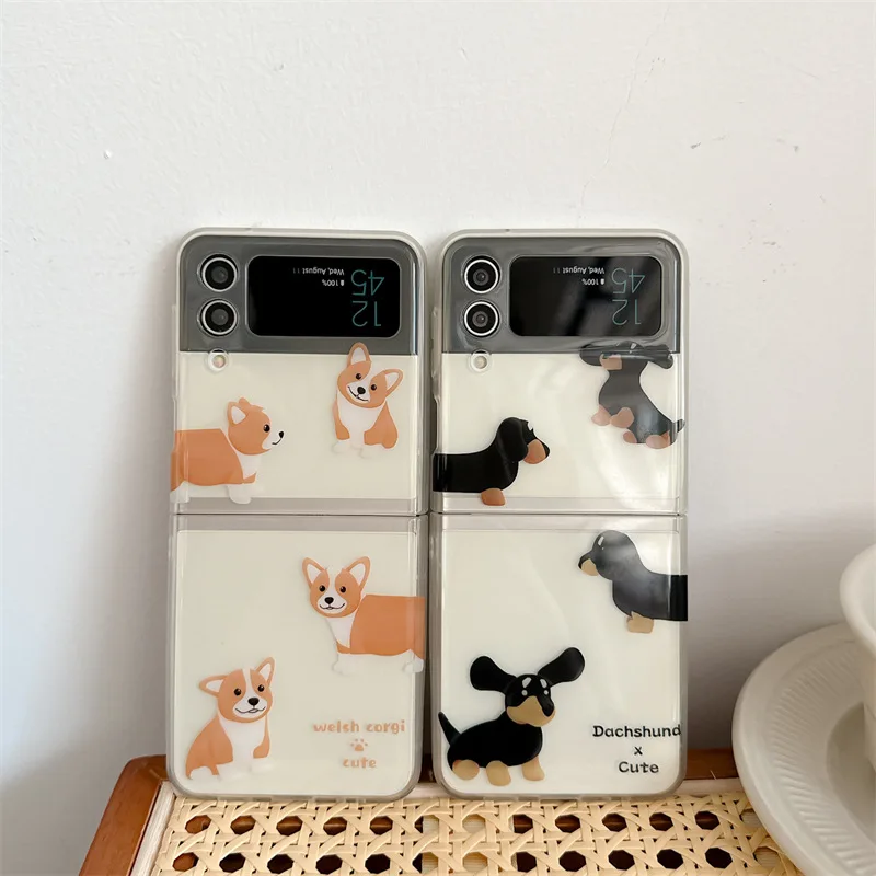 

Cartoon Cute Corgi Dachshund Phone Case for Samsung Galaxy Z Flip 4 3 Hard Cover for ZFlip3 Zflip4 Solid Shell Bracket