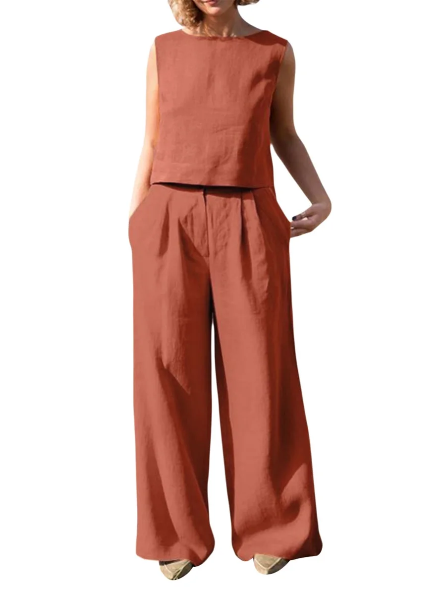 

Women 2 Piece Solid Color Cotton Linen Pants Set Sleeveless Tank Top High Waist Wide Leg Pants Casual Outfits