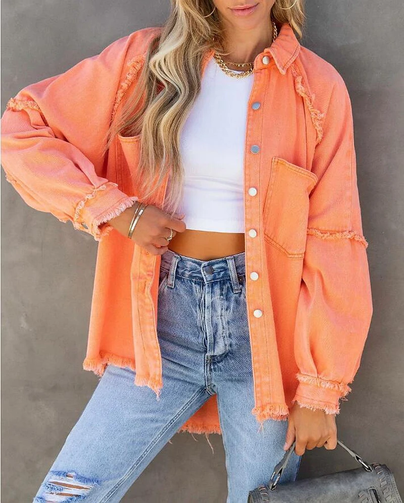

2023 Girls Denim Jackets for Women Pink Loose Shirt Jacket Casual Bohemia Long Sleeve Washed Tassel Chic Jean Coat Ladies Tops