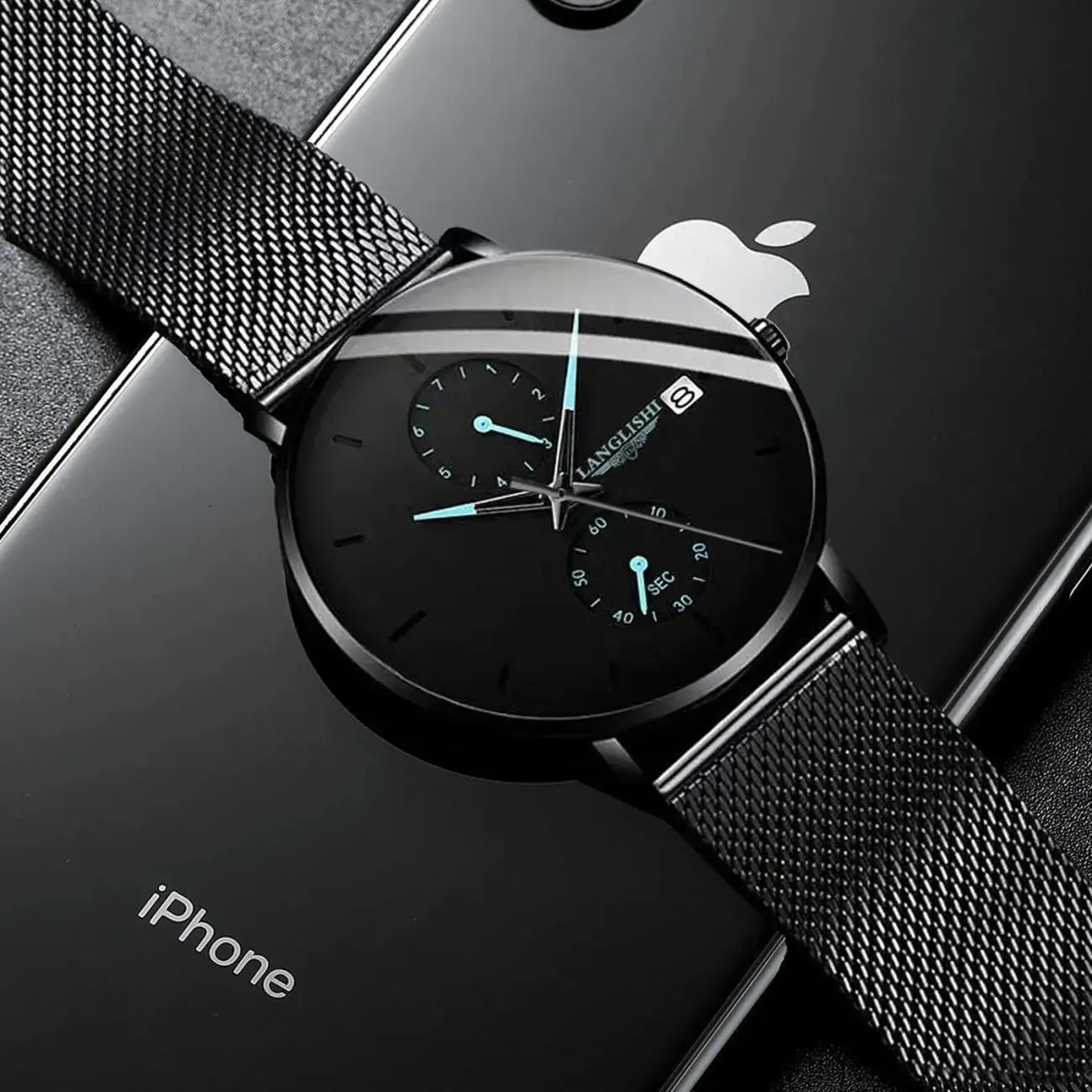 

Fashion Luminous Pointer Waterproof Auto-date Steel Wire Mesh Strap Quartz Watch Mens Wristwatch