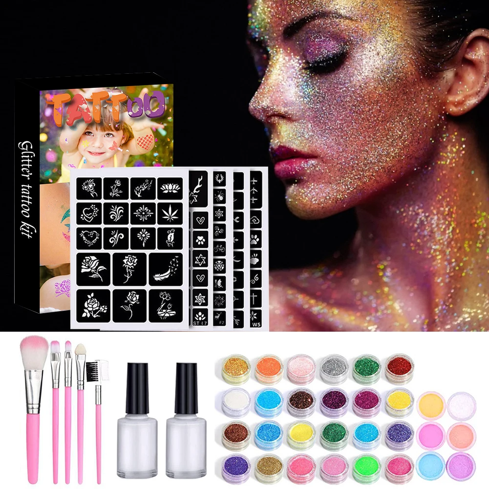 

Diamond Glitter Lichtgevende Tattoo Set 30 Kleuren Lichtgevende Art Charm Shiny Tijdelijke Tattoo Set