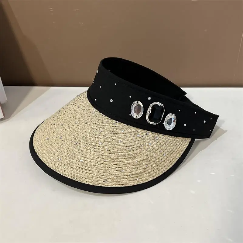 

Women's Summer Empty Top Cap Full of Diamonds Korean Version Fashion Design Sunshade Topless Beach Sun Cap Ladies Summer New