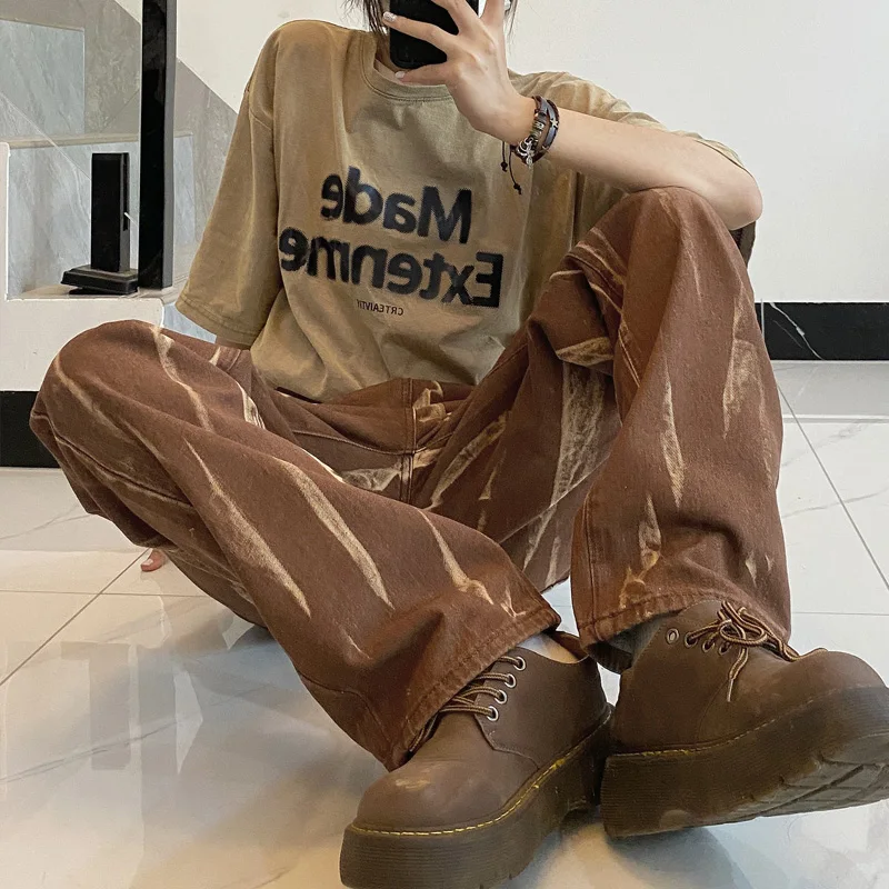 American Retro Tie Dye Brown Jeans Women Fashion Streetwear New High Waist Straight Denim Baggy Pants Female