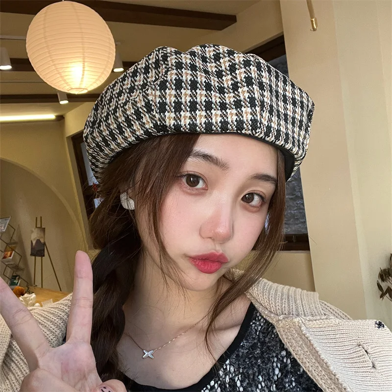 Женский осенне-зимний восьмиугольный берет в клетку винтажная шапка художника