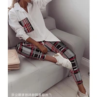 women long sleeve single breasted cardigan turn down collar shirt top mid waist pencil pants suit womens plaid slim fit suit