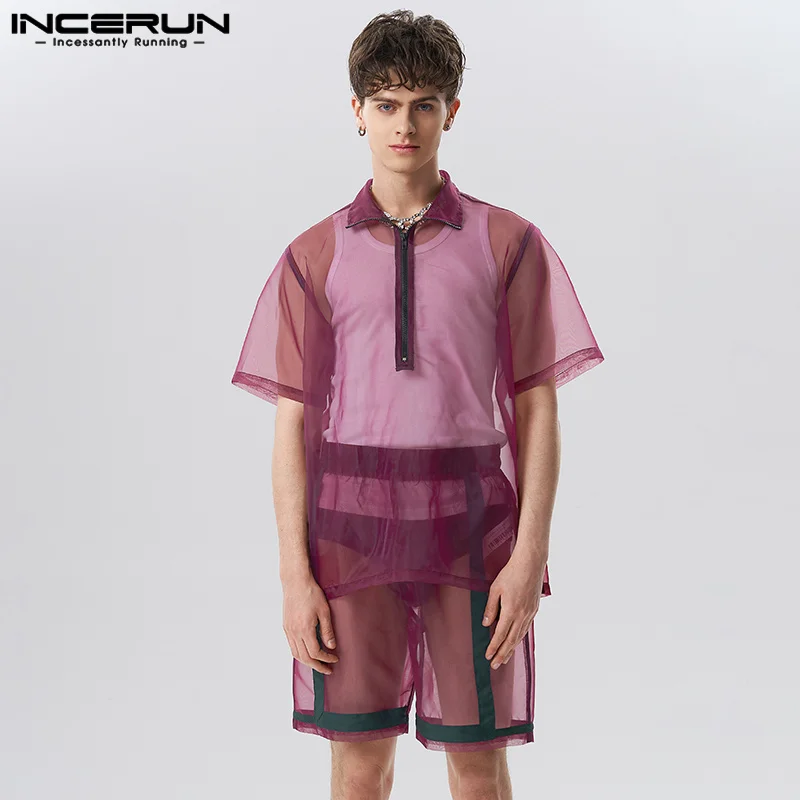 

INCERUN 2023 New Men's Thin Sets Chiffon See-through Contrast Panel Zipper Lapel Short Sleeve Tops Shorts Fashion Suit 2 Pieces