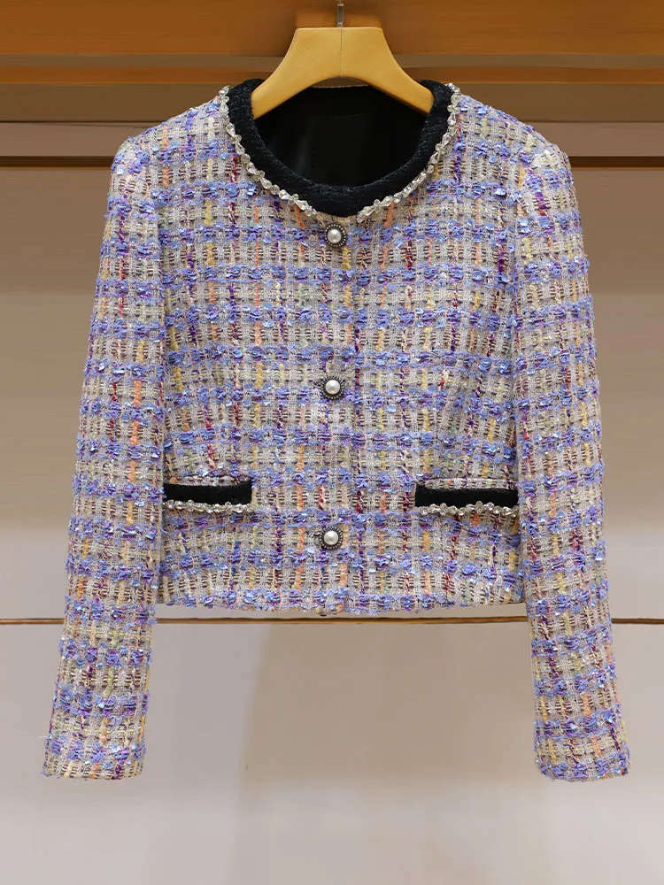 

High Quality Vintage Small Fragrance Tweed Jacket Women Luxury Diamonds Plaid Woolen Short Coat Korean Fashion Sweet Outerwear
