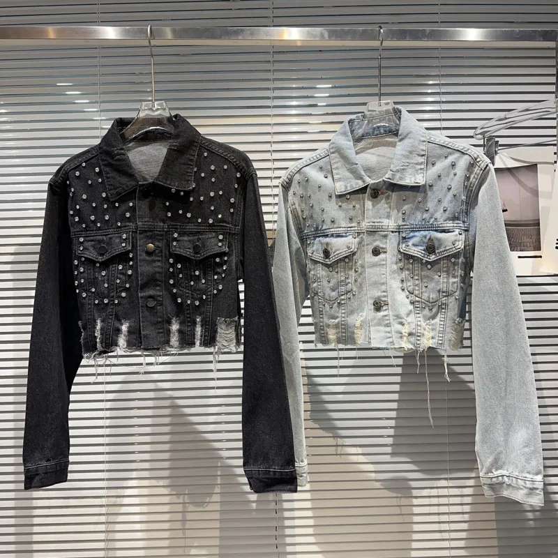 

BORVEMAYS Hole Diamonds Personality Denim Jacket Lapel Long Sleeve Single-breasted Patchwork Slim Autumn New Coat WZ5004