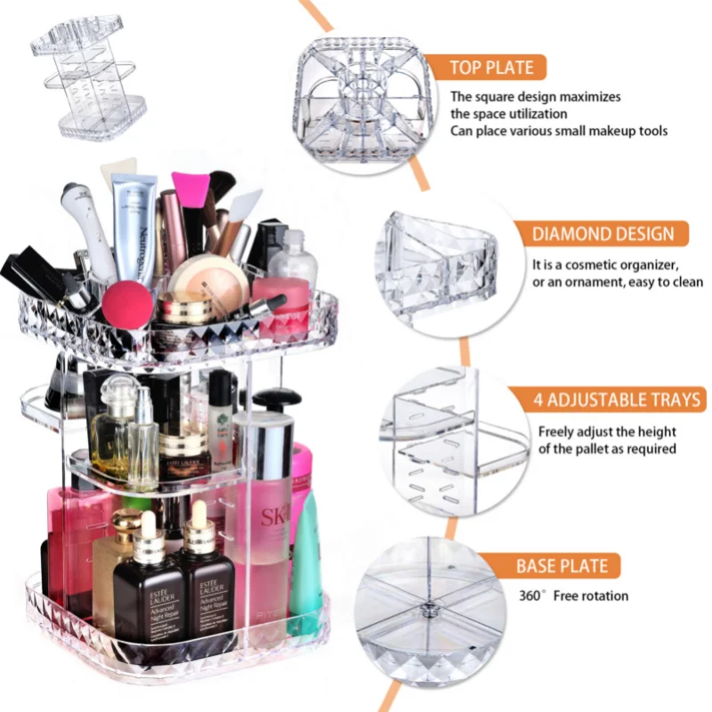 Acrylic Jewelry Storage Box Square Transparent Diamond Pattern Rotary Table Top Arrangement Large Capacity Storage Box