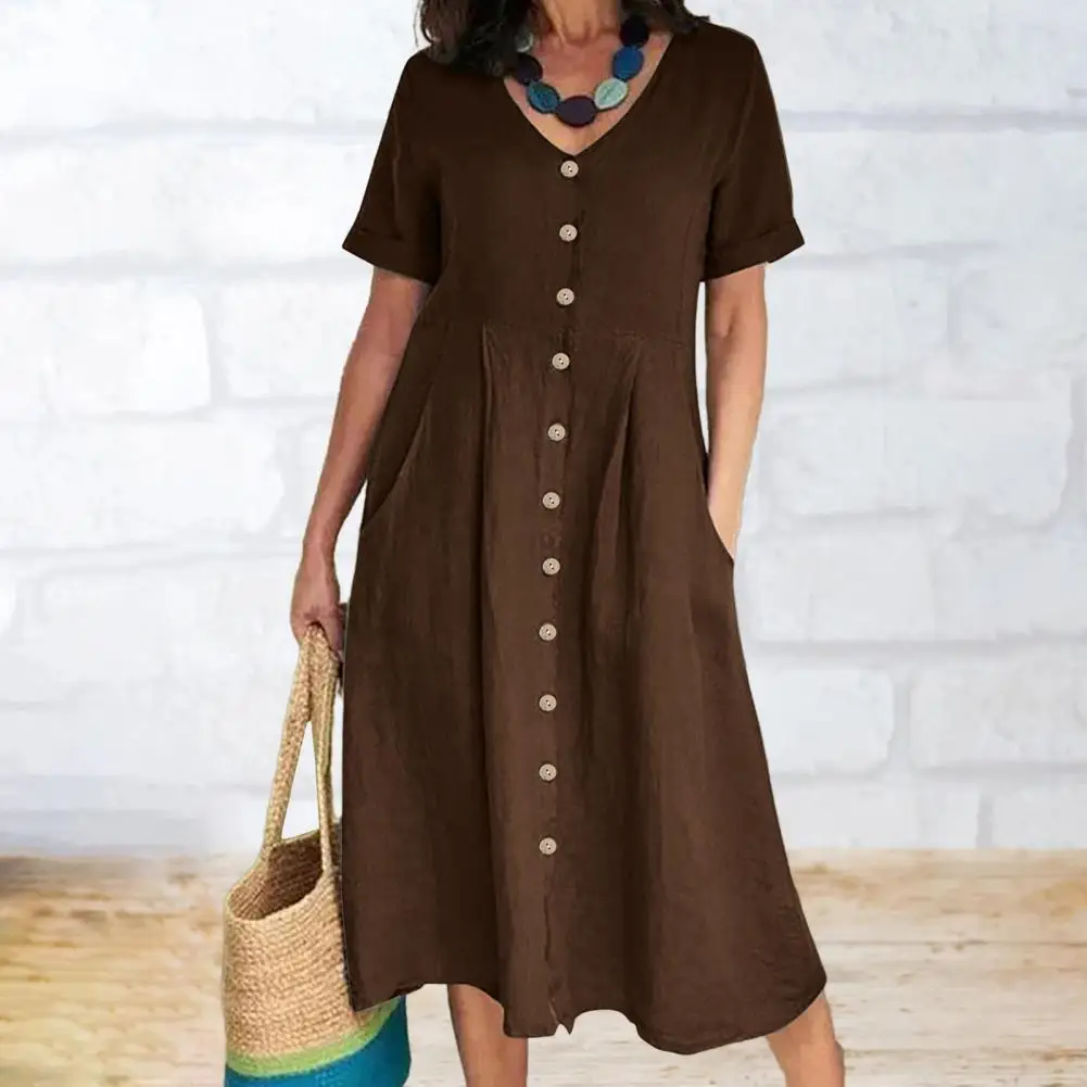 

Женское однобортное платье-миди с V-образным вырезом и коротким рукавом