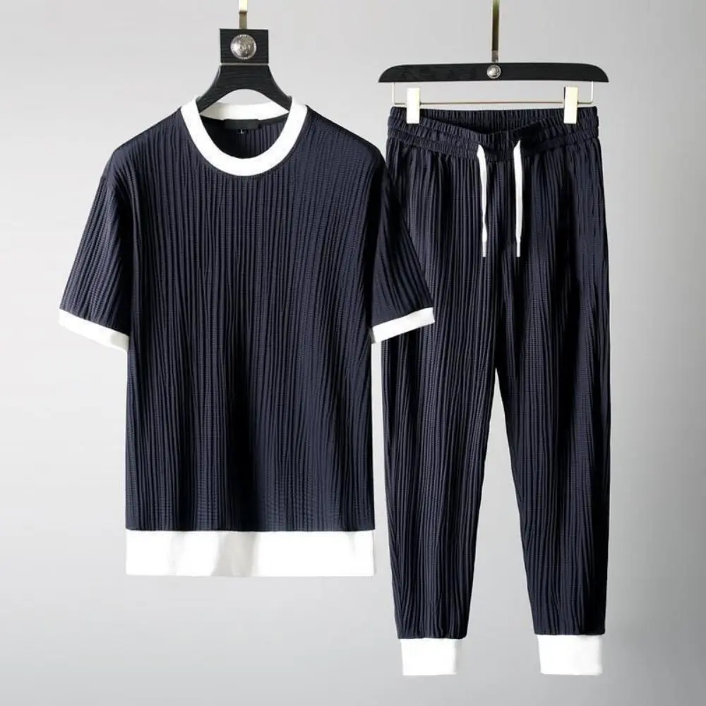 2023 New Summer T-Shirt Pants Ice Silk Suit Two Pieces Set Thin Casual Sports Suit Male Fashion Sweatpants Set Plus Size Clothes