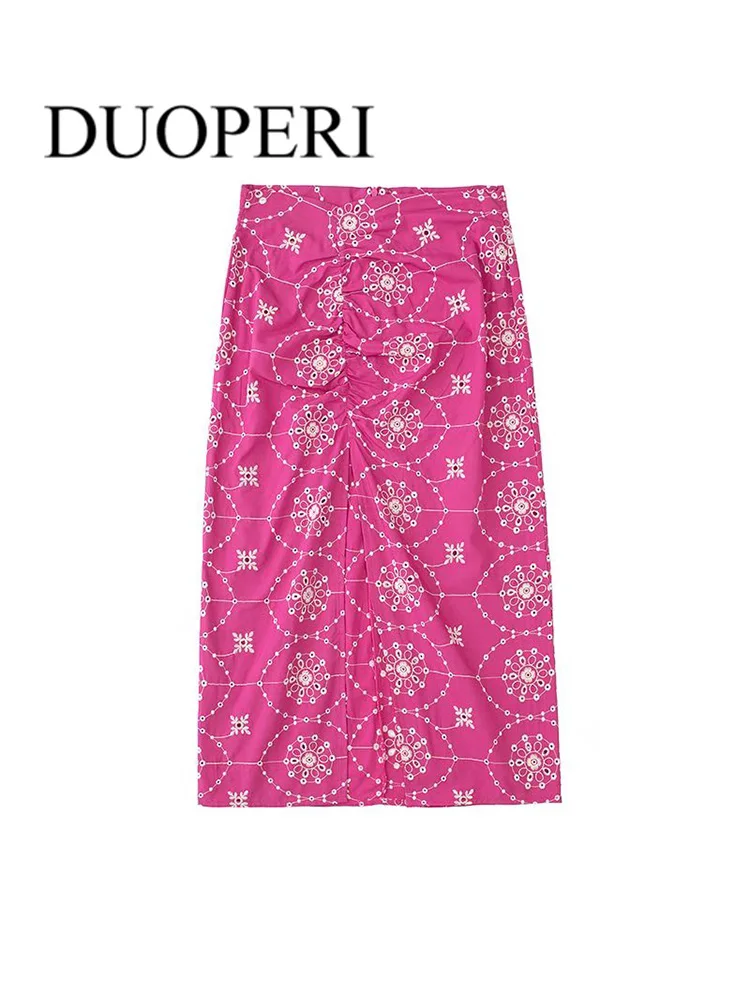 

DUOPERI Women Fashion Front Slit Midi Skirt With Embroidery Vintage High Waist Back Zipper Outfits Female Skirts Mujer