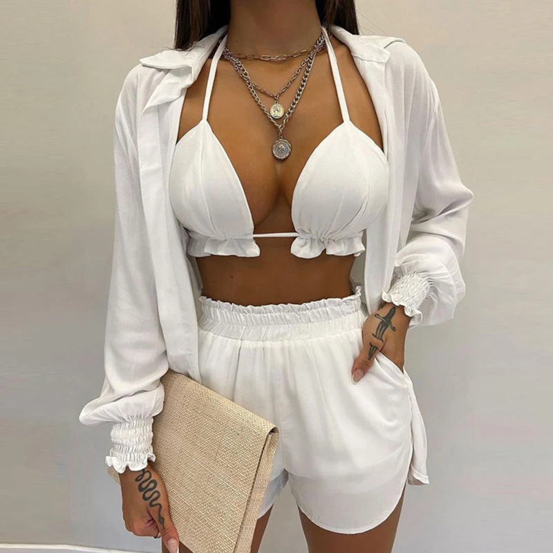 

Women's Casual Printed Shorts Suit Women's New Summer Fashion Sexy Suspender Top Printed Shorts Three-piece Set For Women