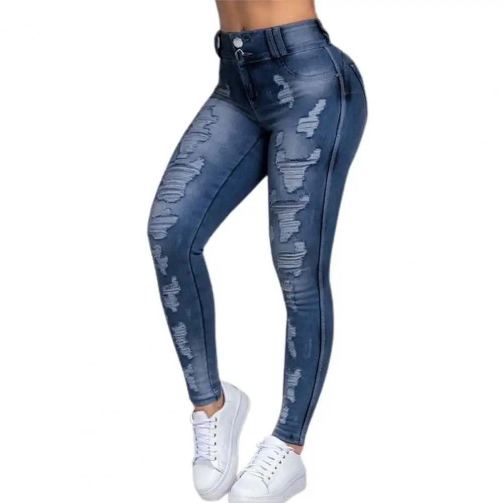 

New Ripped Pencil Denim Pants Stretchy Women High Waist Skinny Jeans With Button for Daily Streetwear